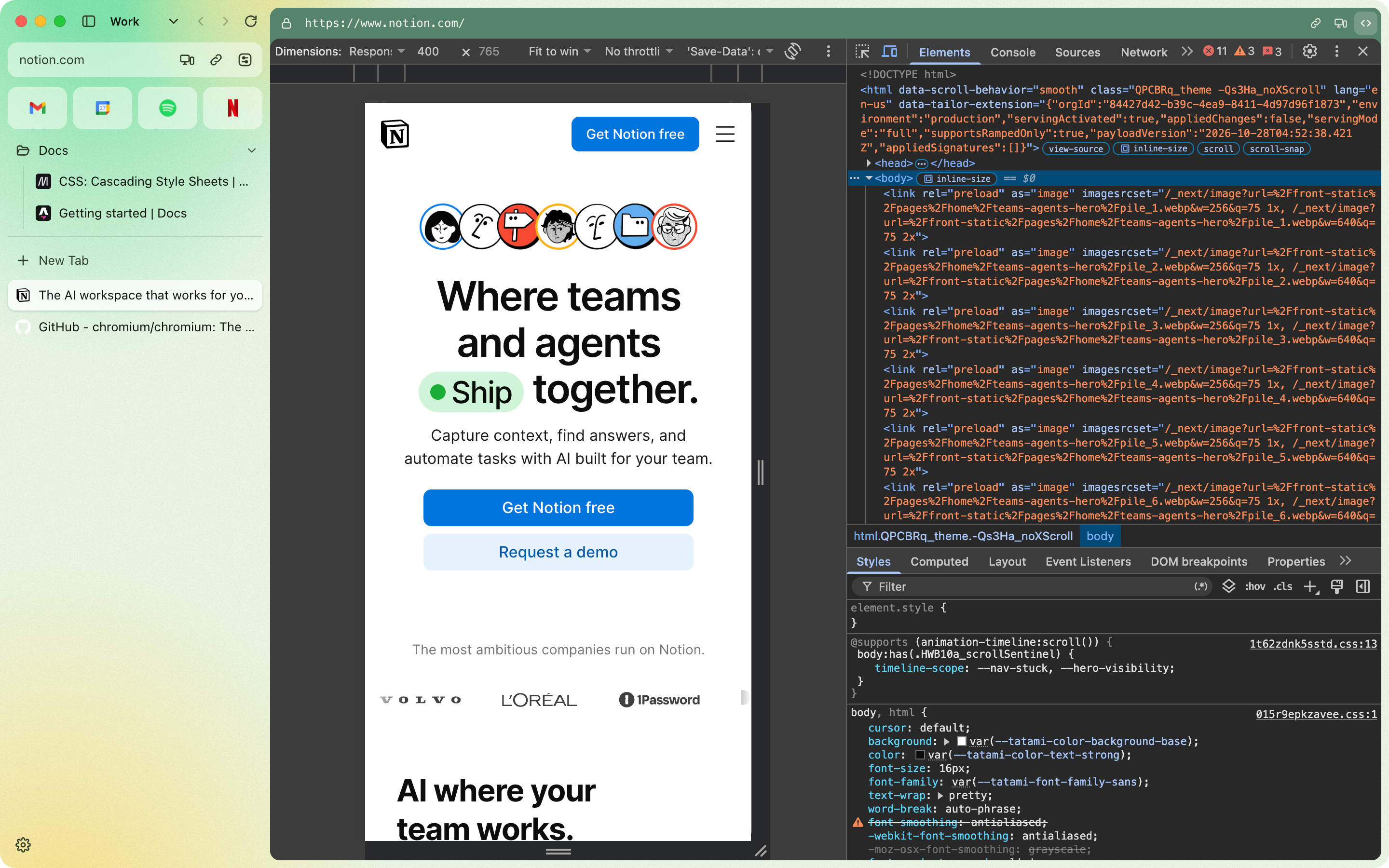 Notion’s site in Dawn in DevTools’ responsive mode, a phone-sized page between the sidebar and Chrome DevTools docked on the right, in dark mode.
