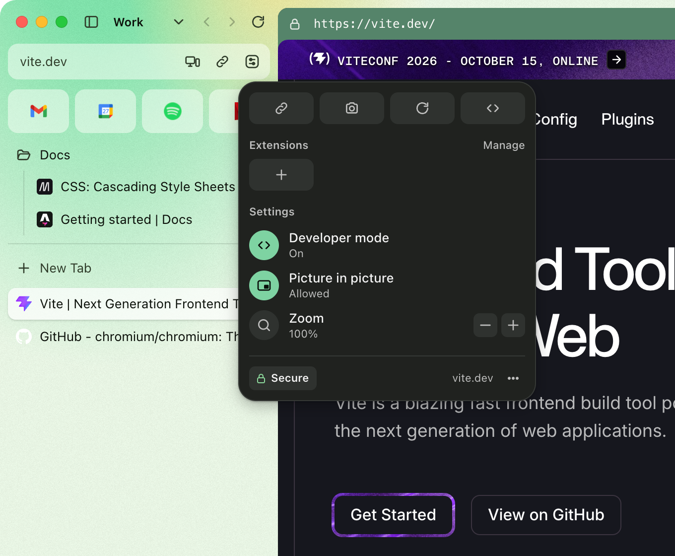 Vite’s site controls in Dawn, with Developer mode on, and the URL bar’s Desktop and Mobile Preview button.