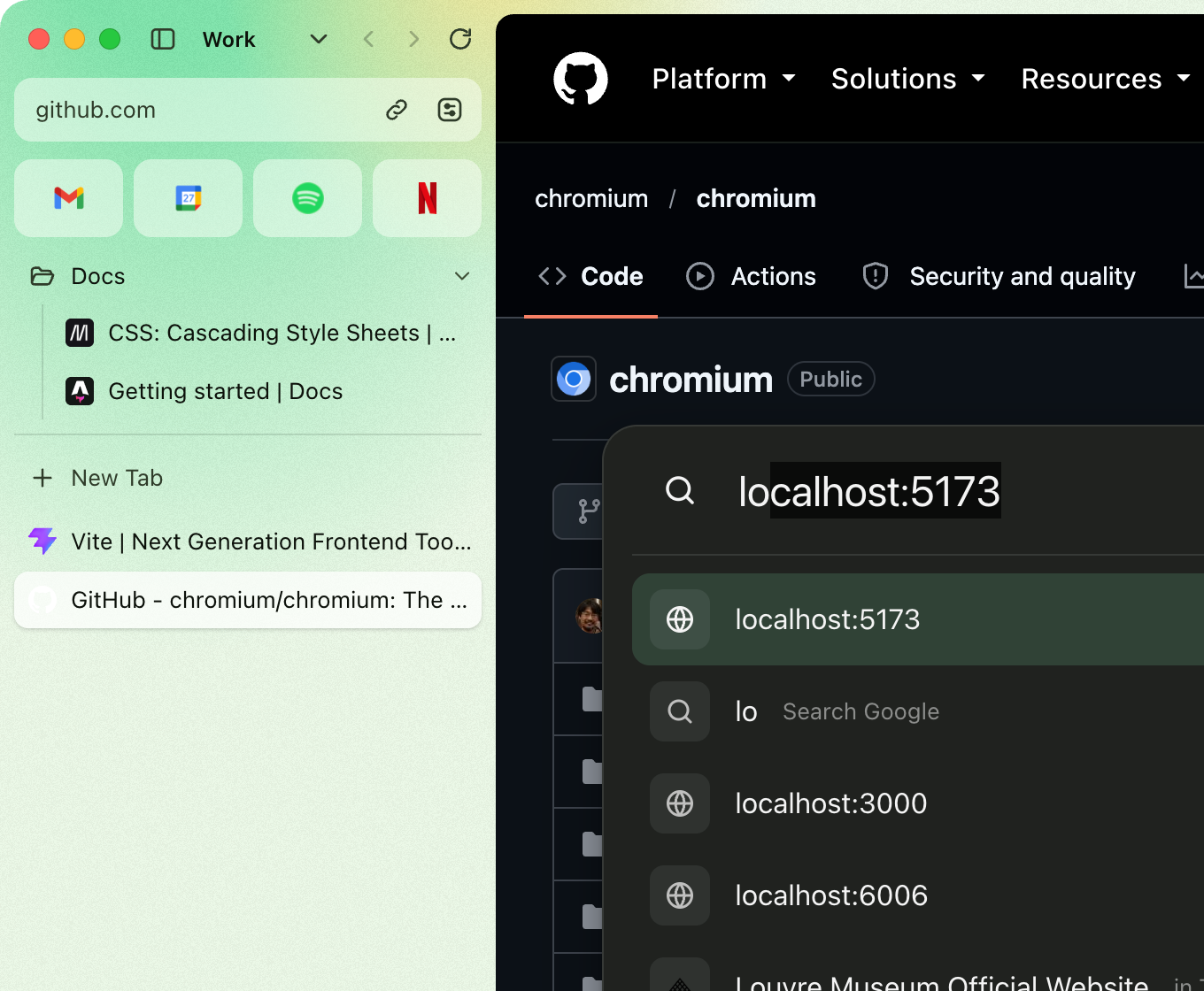 The command bar over Chromium on GitHub, after typing lo: localhost:5173 filled in, then localhost:3000, 6006, and 8080, each on its own port.