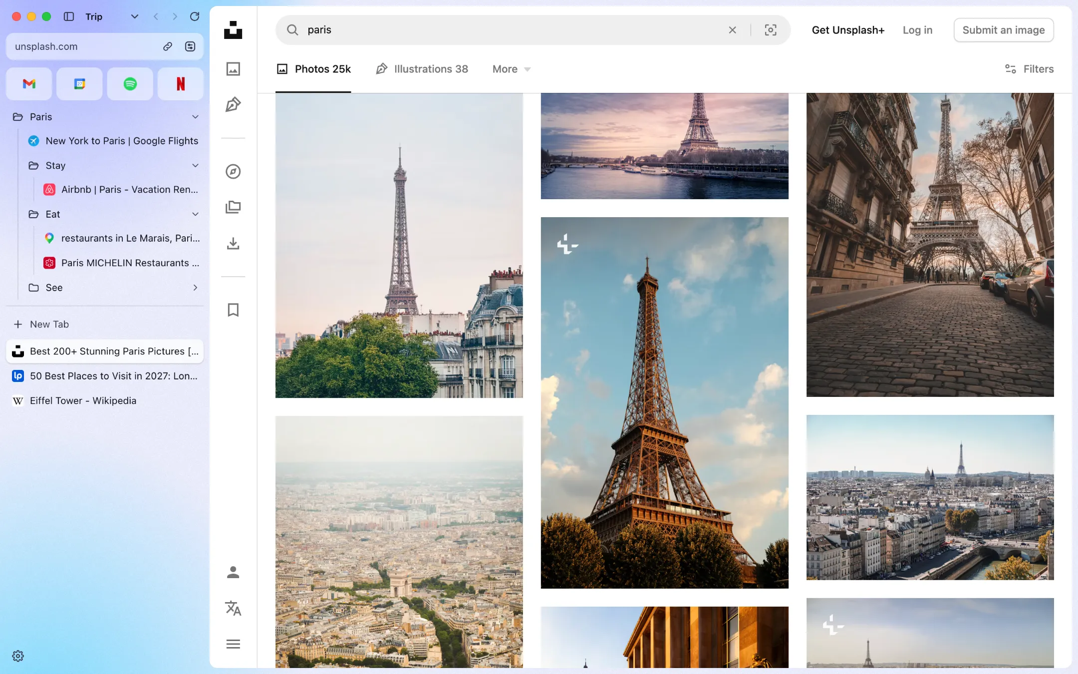 A Dawn window planning a trip to Paris, switching between its Trip, Work, and Evening spaces: the sidebar's tabs slide across and the colors fade.