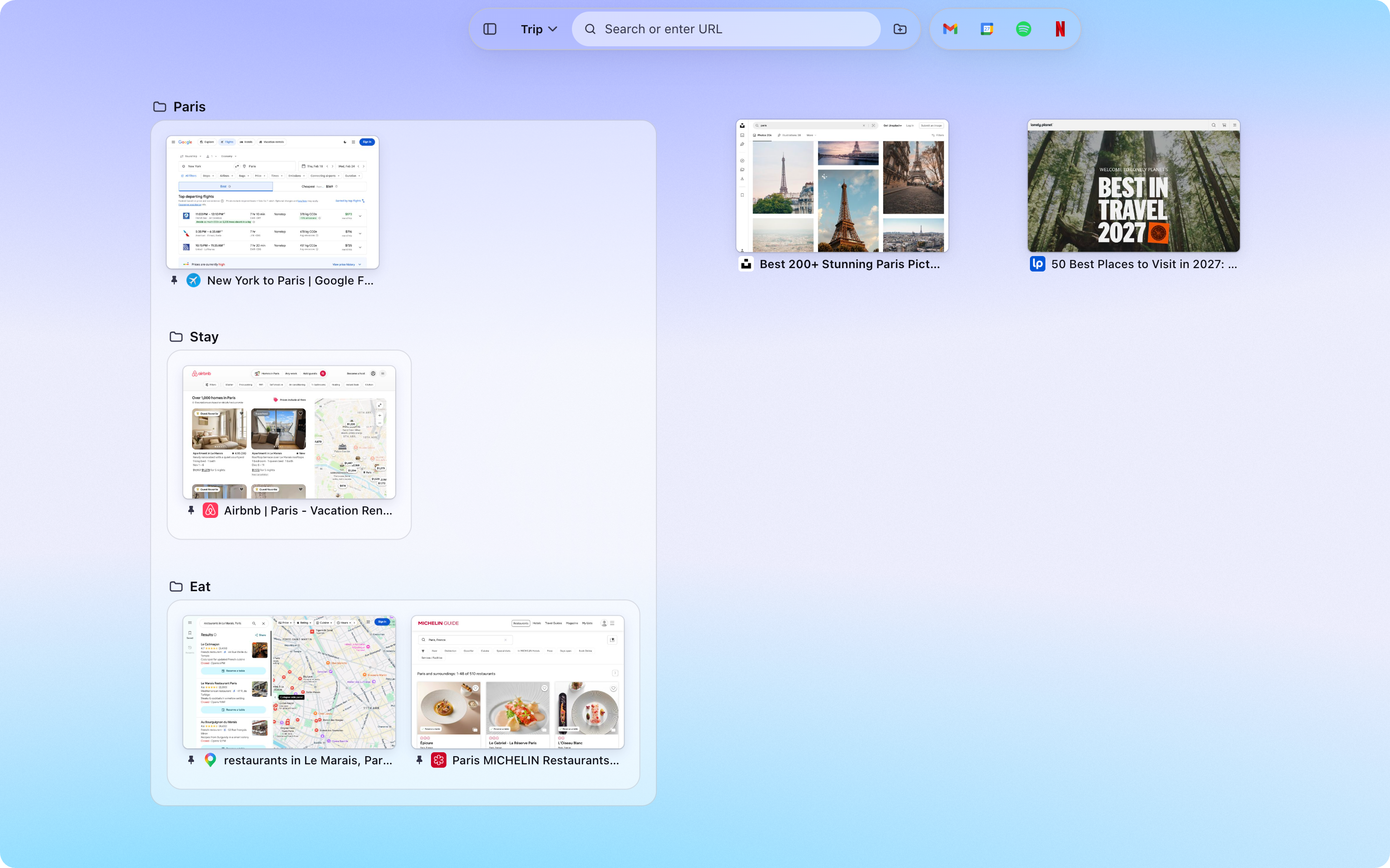 The Trip space on the canvas: its tabs as pages, in frames named Paris, Stay, and Eat, with Unsplash and Lonely Planet beside them.