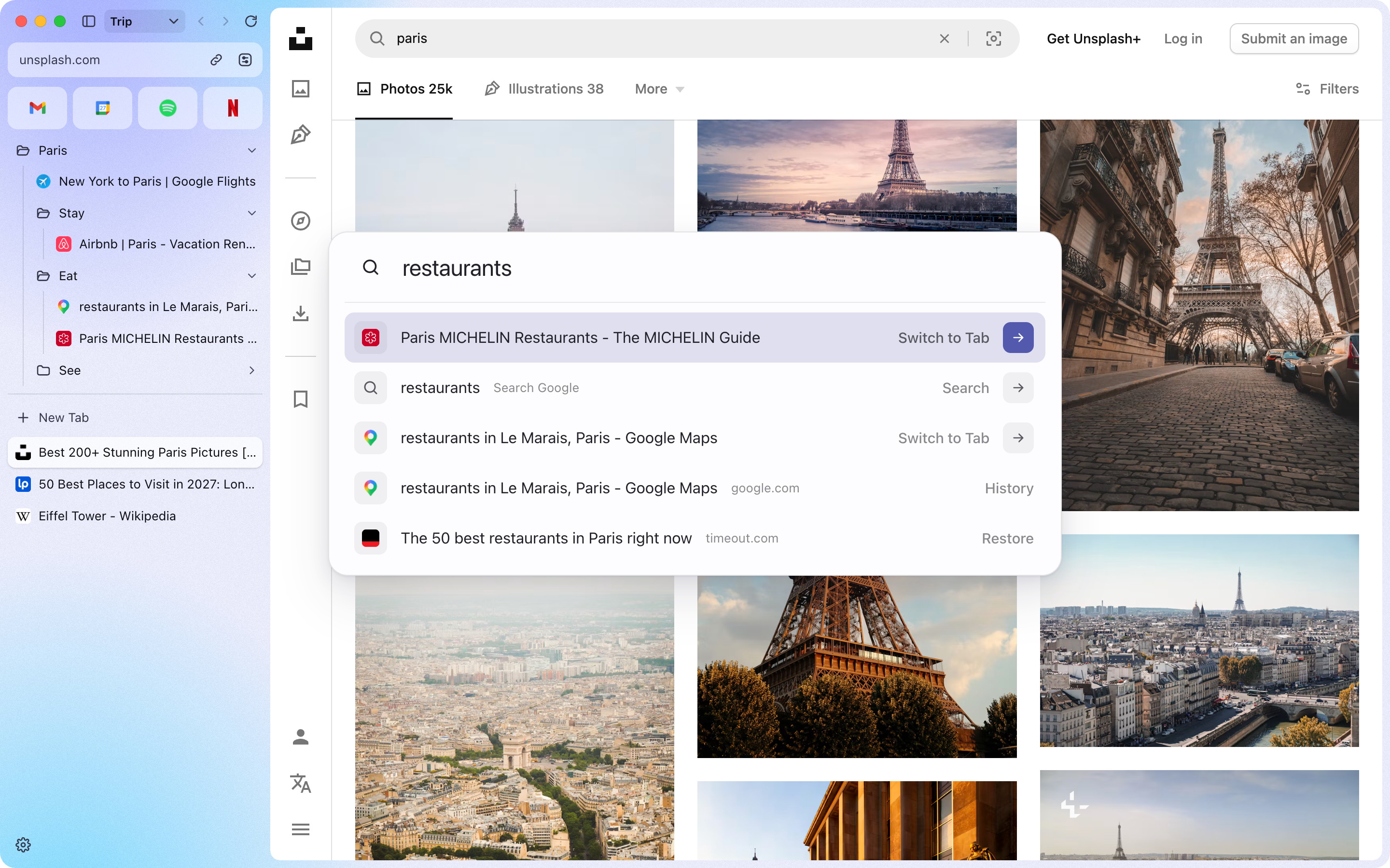 The command bar searching for restaurants: the MICHELIN Guide and a Google Maps search of Le Marais to switch to, and an archived Time Out guide to restore.
