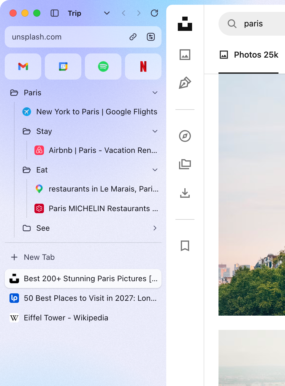 A Paris folder holding the flight search, a Stay folder with Airbnb, and an Eat folder with restaurants.