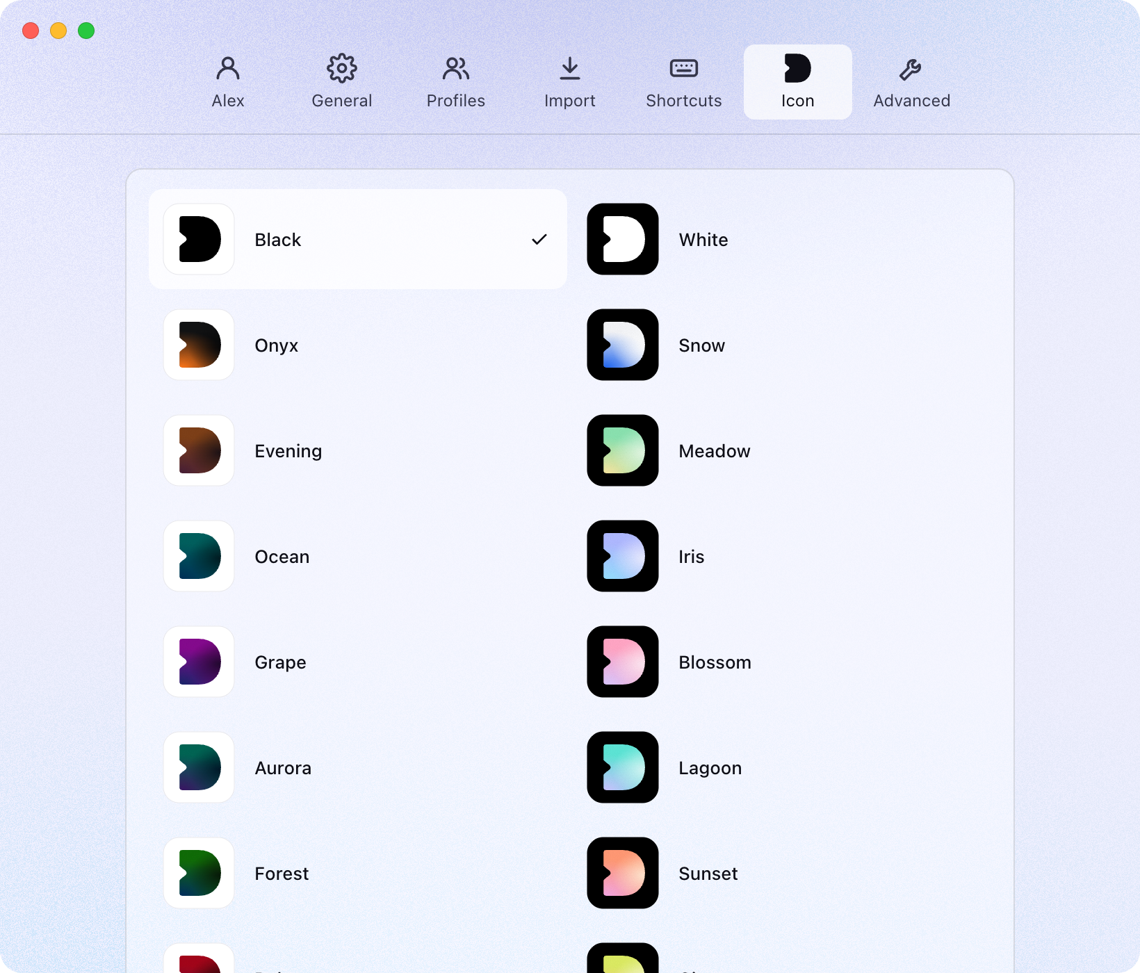 Dawn’s settings on the Icon tab: eighteen icons in two columns, black and white first, then the mark filled with each theme’s colors.