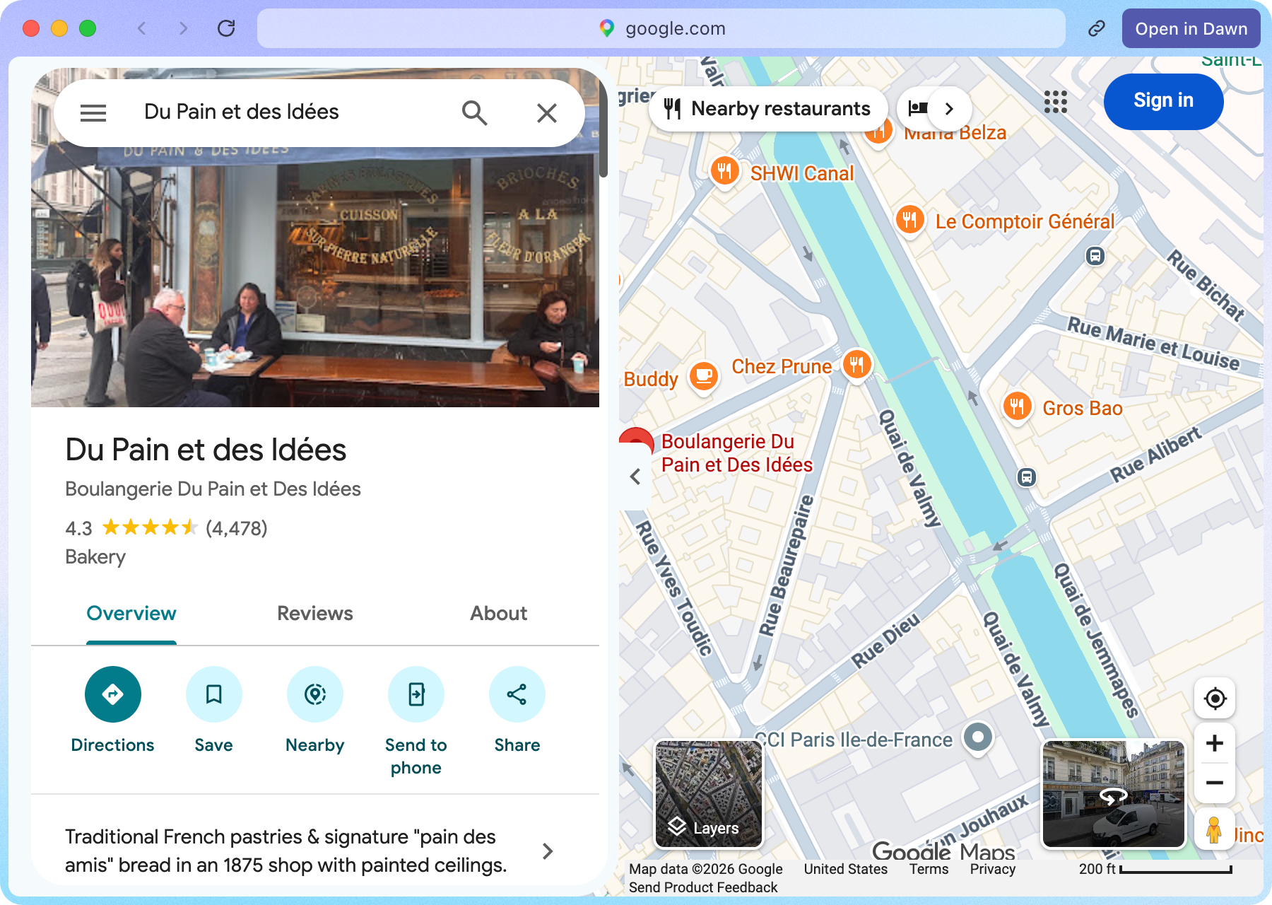 A Little Dawn window showing Du Pain et des Idées, a Paris bakery, on Google Maps, with an Open in Dawn button.