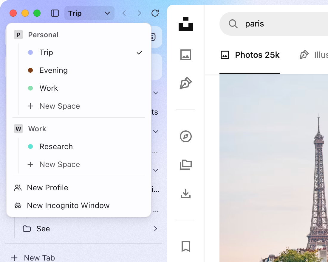 The space switcher: a Personal profile with Trip and Evening, and a Work profile with Work and Research.