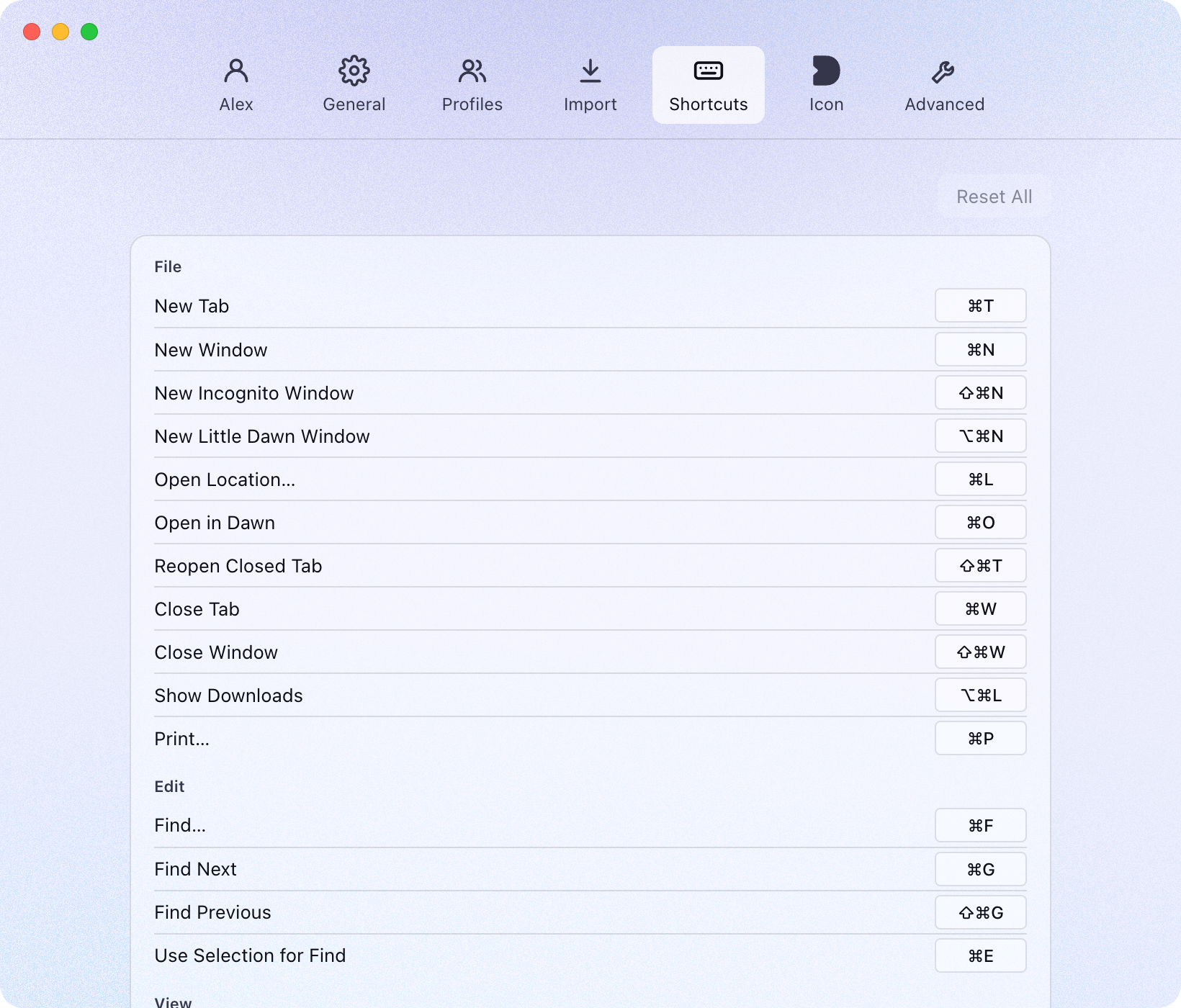 Dawn’s settings on the Shortcuts tab: every shortcut by menu, each one’s keys ready to change.