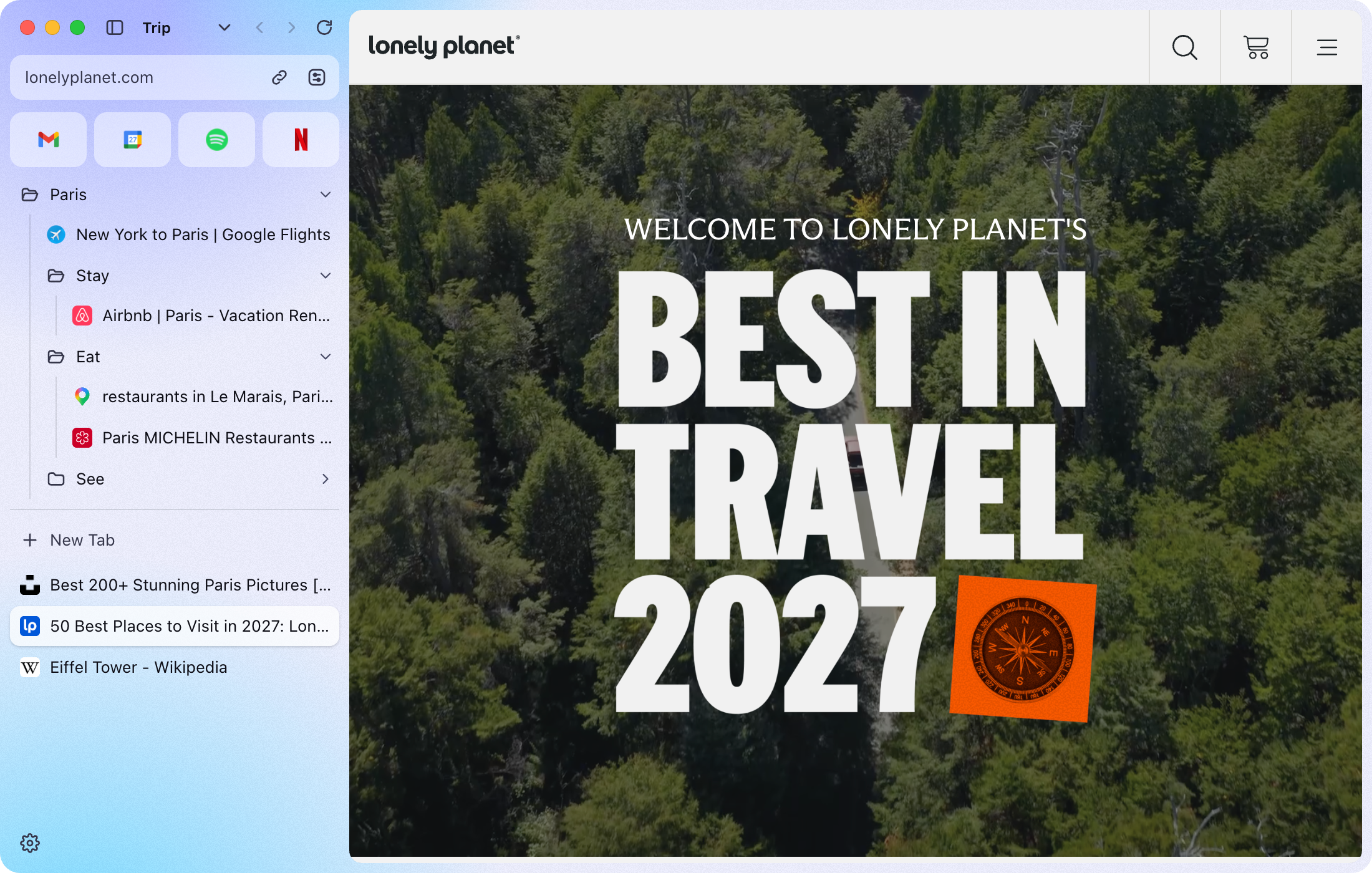 A space called Trip, in blue, with Lonely Planet’s Best in Travel.