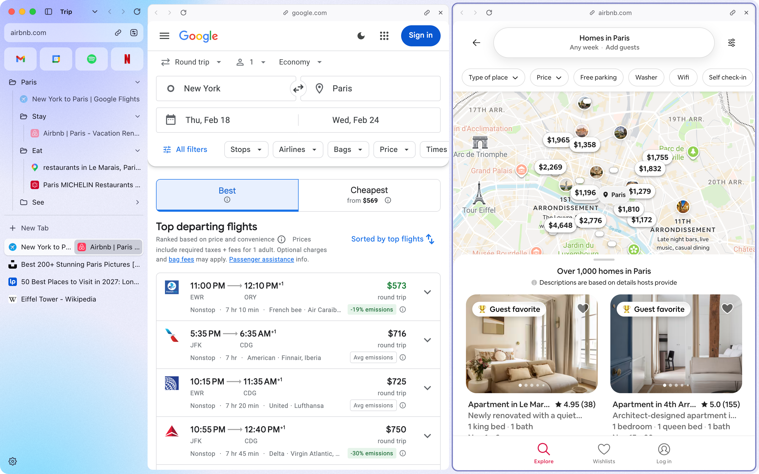 Dawn in split view: Google Flights from New York to Paris next to Airbnb homes in Paris.