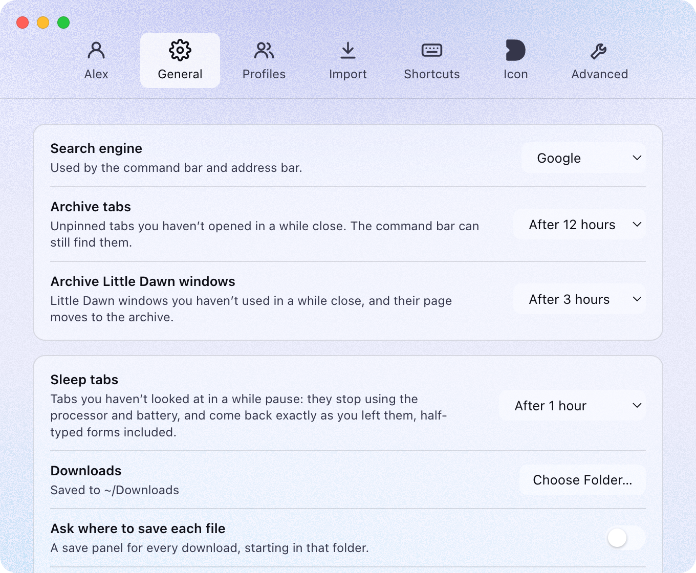 Dawn’s General settings: Search engine, and Archive tabs after 12 hours, which closes unpinned tabs you haven’t opened in a while.