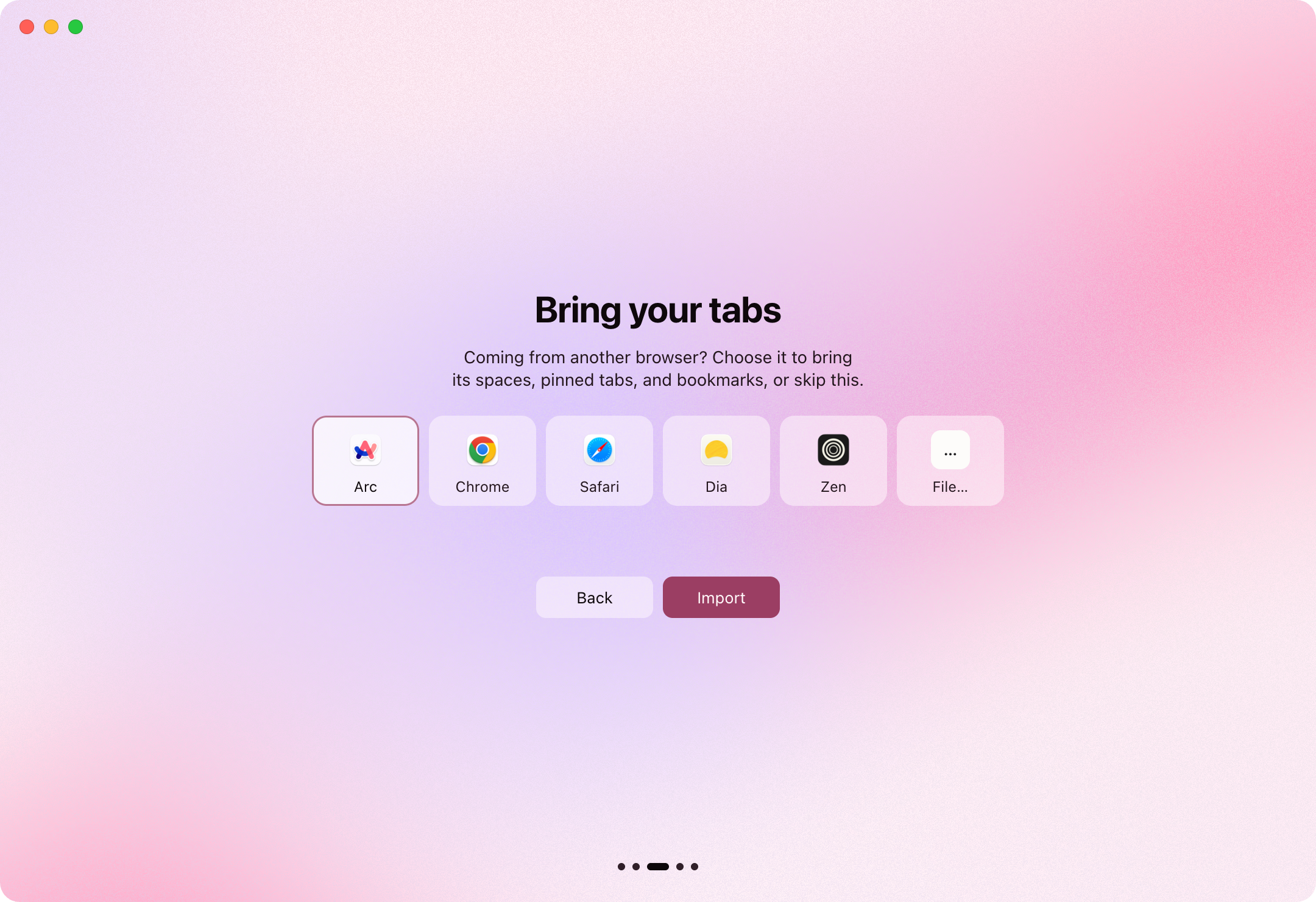 Dawn’s setup screen, Bring your tabs: Arc, Chrome, Safari, Dia, Zen, or a file, with Arc chosen and ready to import.