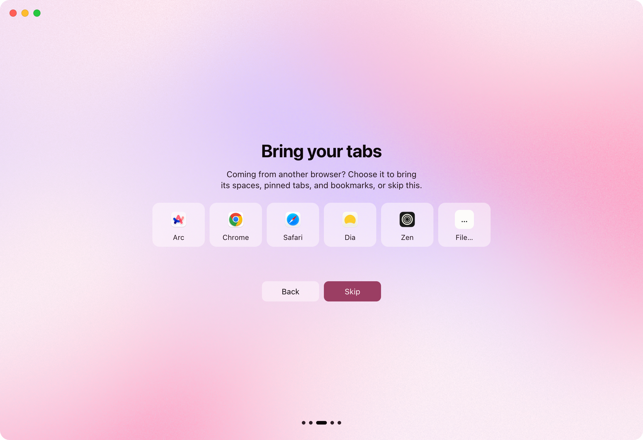 Dawn’s setup screen, Bring your tabs: the browsers on this Mac to choose from, or a file.